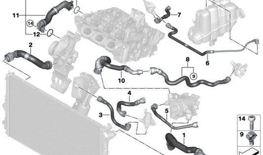 OEM 17125A0C5A5 water pump hose for BMW F70, U06, U11, U12, U10, F65, F66, U25. Original BMW.
