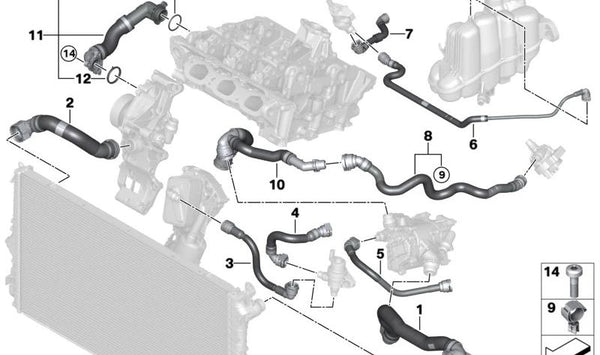 Manguera de bomba de agua OEM 17125A0C5A5 para BMW F70, U06, U11, U12, U10, F65, F66, U25. Original BMW.