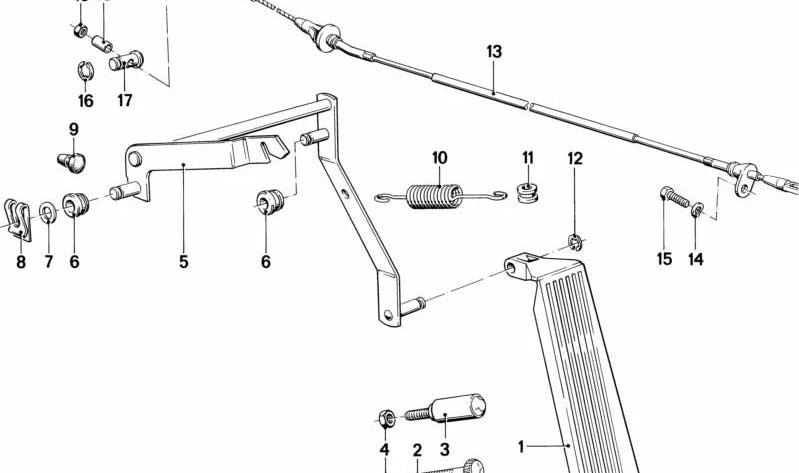 OEM accelerator cable 35411151332 for BMW E23 728i, 732i, 735i. Compatible with models with M30 motor and manual or automatic transmission. Original BMW.