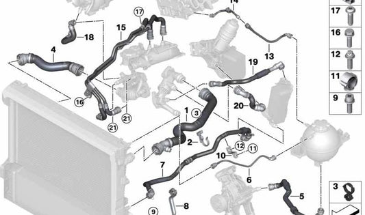 Manguera del radiador OEM 17128579335 para BMW G05, G06, G07 (X5, X6, X7 xDrive30d). Recambio original BMW para sistema de refrigeración.