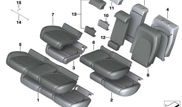 Funda de asiento cuero derecho OEM 52207939344 para MINI F60 Cooper {21B, 22B, 31B, YS31, YS32, YS41, YU01, YW31, YW32, YX31}. Color negro carbón (nee1). Original MINI.