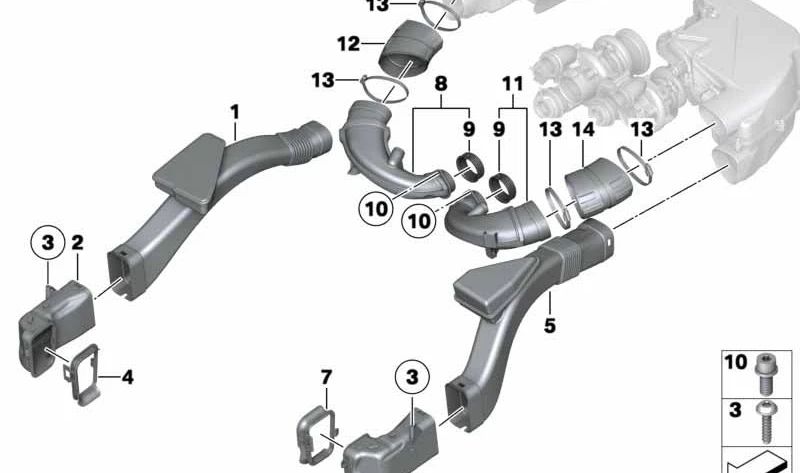 Air duct OEM 13717624031 for BMW 5 Series (F07, F10, F11), 6 Series (F12, F13). Original BMW.