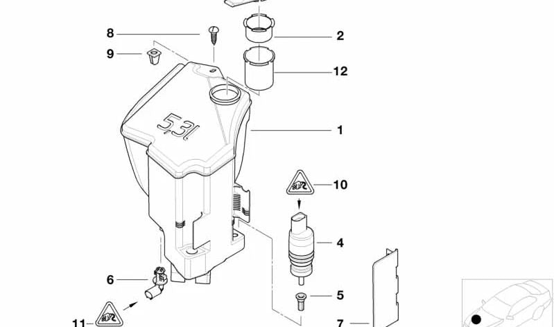 Depósito limpiaparabrisas OEM 61667110853 para BMW Z4 E85, E86. Recambio original BMW.