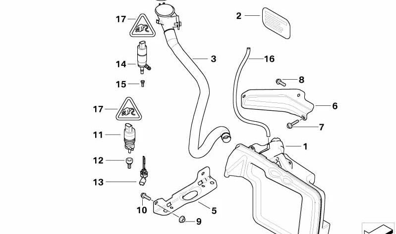 Soporte del depósito del limpiaparabrisas para BMW E60, E61, E63, E64 (OEM 61667117645). Original BMW