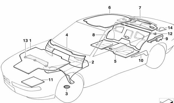 Aislamiento acústico del paso de rueda trasero derecho para BMW Serie 8 E31 (OEM 51481970982). Original BMW