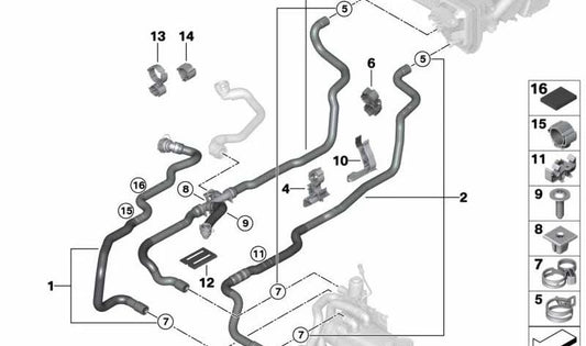 Entrada de tubo de líquido de arrefecimento 1 para BMW Série 5 G30, G31, Série 6 G32, Série 7 G11N, Série 8 G14 (OEM 64216821258). BMW originais.