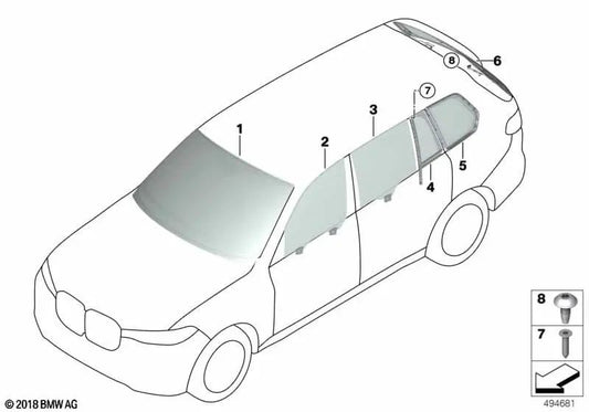 Vetro laterale fisso posteriore destro per BMW G07, G07N (OEM 51377431148). BMW originale.