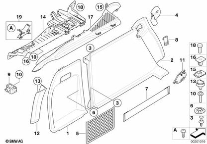Revestimiento compartimento equipajes izquierdo OEM 51477253911 para BMW X6 E71, X6 E72 Hybrid. Original BMW.