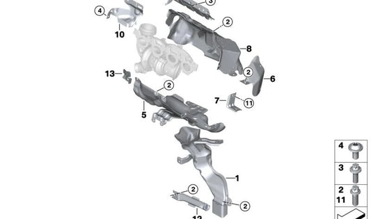 Chapa protectora de calor para colector escape OEM 11655A7DB85 para BMW F40, F52, F44, F45N, F46N, F48, F48N, F49N, F39 y MINI F54N, F55, F55N, F56, F56N, F57, F57N, F60, F60N. Original BMW y MINI.