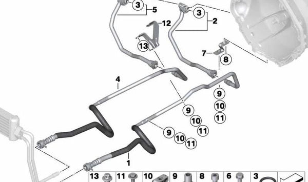 Tubo de retorno del radiador de aceite OEM 17222284219 para BMW F10 M5, F06 M6, F12 M6, F13 M6. Compatible solo con motores S63T. Original BMW.