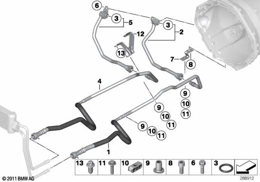Tubo de retorno do radiador de óleo para BMW F10, F06, F12, F13 (OEM 17227599922). BMW originais.