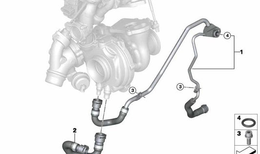 Manguera de refrigerante turbo OEM 11538515075 para BMW F10, F11, F15. Conducto de agua del turbocompresor a la bomba. Original BMW.