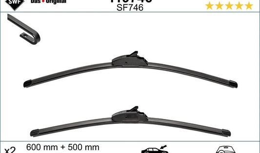 Juego de limpiaparabrisas OEM 119746 para BMW {1 F20/F21, 2 F22/F23, 3 F30/F31/F34, 4 F32/F33/F36, X1 F48, X2 F39} y MINI {Clubman F54, Countryman F60}. Original SWF. Apto solo para vehículos con volante a la izquierda.