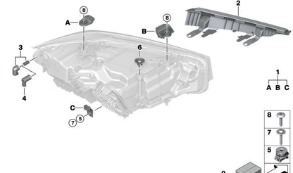 Kit de reparación de soporte de faro OEM 63115A4F719 para BMW G20 (316d, 318d, 318i) modelos desde 2022. Compatible con versiones diésel y gasolina. Original BMW.