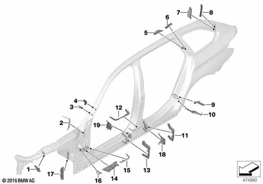Left inner wheel arch moulding for BMW 5 Series F90, G30, G31, G38 (OEM 41007342739). Original BMW