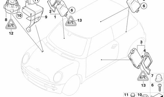Sensor interior trasero OEM 65756949229 para MINI R52 (Cooper, Cooper S, One) modelos entre 2004 y 2008. Parte del sistema de alarma antirrobo. Original MINI.