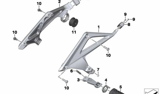 Placa reposapiés trasero derecho OEM 46718534790 para motos BMW R 1200 RT, R 1250 RT. Original BMW Motorrad.