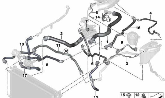 Mangueira de refrigerante OEM 17128602619 para BMW G30, G31, G11, G12. BMW original.