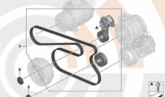 Correa Kit Accessories with pulleys and tensor OEM 11282449727 for BMW F10, F11, F25. Compatible with 523I, 528I models with N52 and N53 engine. Original BMW.