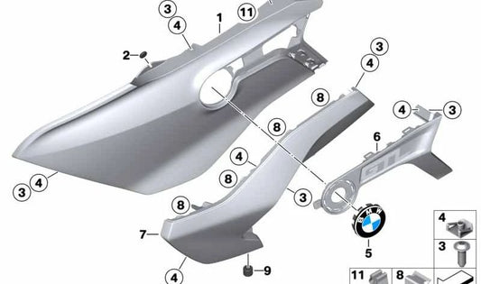 Soporte de placa cromado izquierdo OEM 46635A8C755 para BMW Motorrad K 1600 GTL (KK48) modelos 0F02 y 0F31 (2017-2027). Original BMW Motorrad.