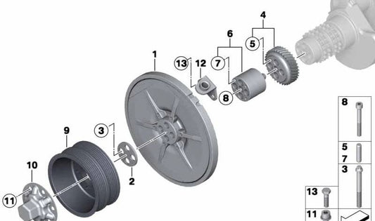 Damper de cigüeñal OEM 11237841091 para BMW E90, E92, E93 M3 con motor S65. Original BMW.