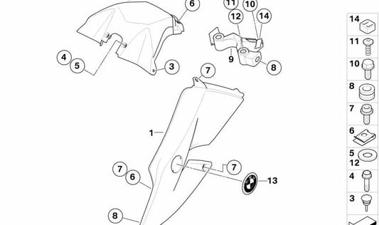 Cubierta lateral izquierda OEM 46637696761 para BMW Motorrad K1. Compatible exclusivamente con BMW K1. Recambio original BMW Motorrad.