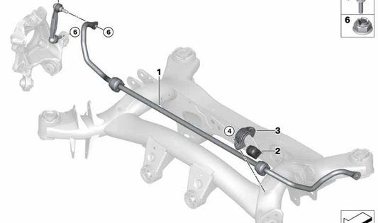 Soporte de estabilizador trasero OEM 33556865708 para BMW G20, G21, G26. Compatible con versiones 316d, 318d. Original BMW.