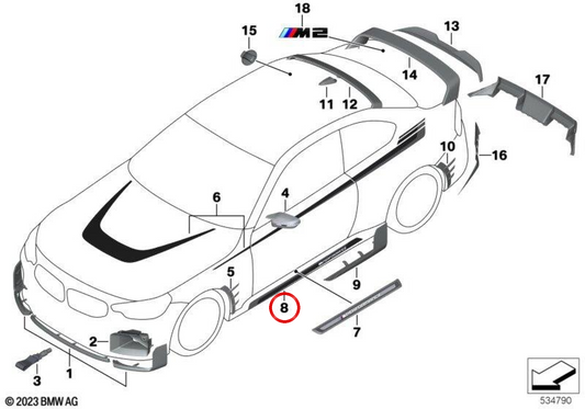 Adhésive Vinilo M Performance pour les jupes latérales OEM 82145A65B79 pour la série BMW 2 G87 (M2) M211, M212, M213, M221, M222, M223. Prise en évidence le design sportif. BMW d'origine.