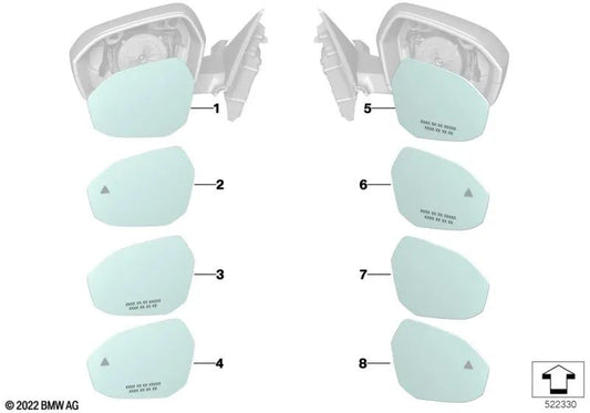 Wide angle mirror glass passenger side for BMW 5 Series G60, 7 Series G70 (OEM 51165A24396). Original BMW.