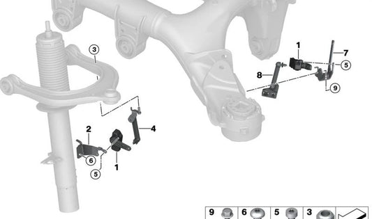 Soporte sensor de altura trasero derecho OEM 37146887834 para BMW X5 F95, F95N, G05, G05N, G18, G18N; X6 F96, F96N, G06, G06N; X7 G07, G07N; XM G09. Original BMW.