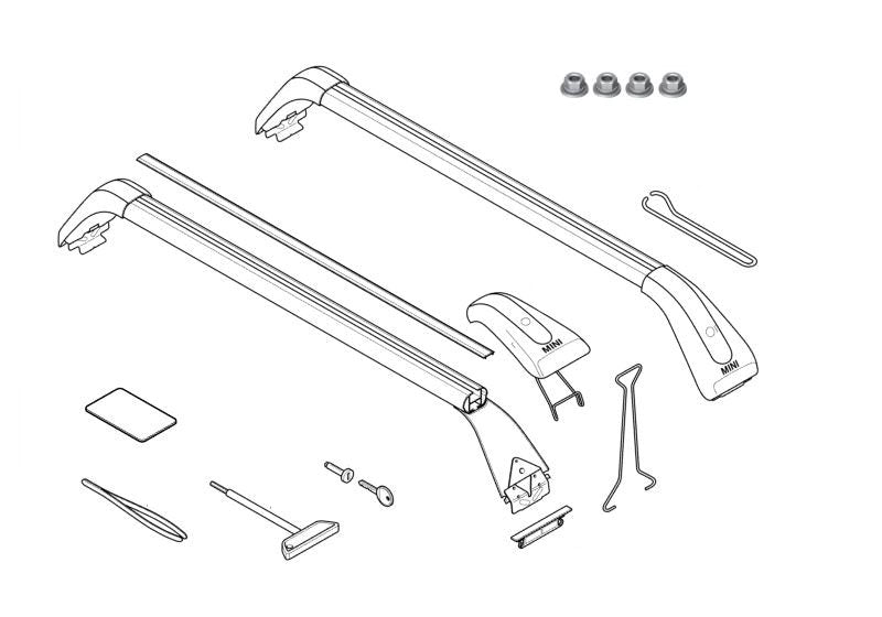 Barras de rack de teto (base de transporte) OEM 82712149225 para MINI R56, R56 LCI, Clubman R55, Clubman R55 LCI. MINI originais.