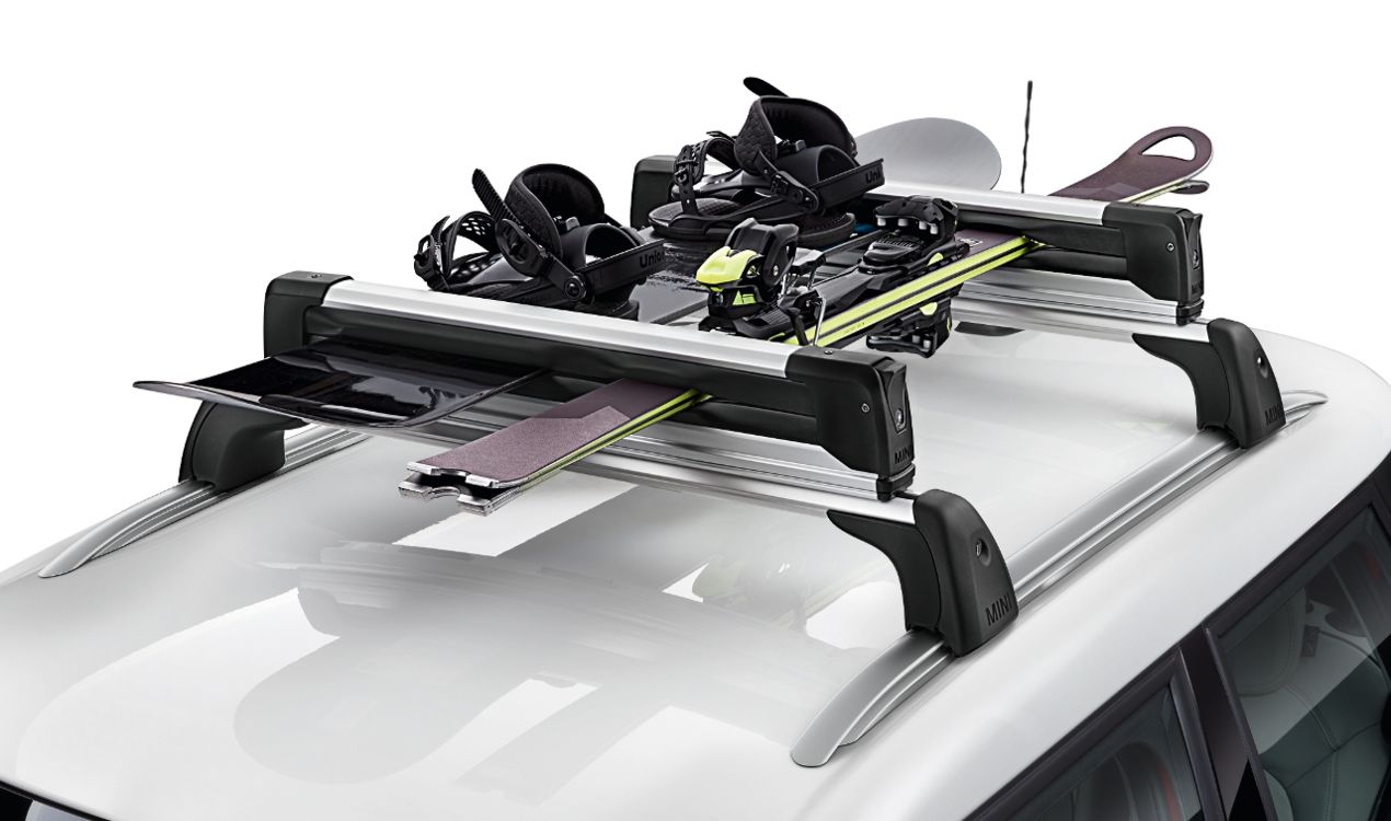 Rack lateral extensível para esqui e snowboard com trava antirroubo OEM 82722326528 para MINI R50, R53, R56, F55, F56, Clubman R55/F54, Countryman R60/F60/U25, Paceman R61... e muito mais. MINI originais.