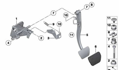 Soporte del conjunto de pedal para BMW Serie 3 E46, X3 E83, E83N, Z4 E85, E86, E89 (OEM 35112229128). Original BMW.