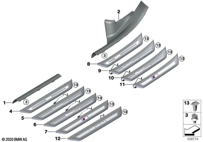 Rear left illuminated door sill trim for BMW 6 Series G32, G32N (OEM 51477407023). Original BMW