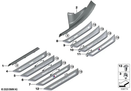 Rear left illuminated door sill trim for BMW 6 Series G32, G32N (OEM 51477407023). Original BMW