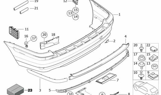 Soporte derecho para difusor trasero OEM 51128251570 para BMW E46. Pieza original BMW. Apta para modelos con difusor trasero, fácil de buscar como "soporte difusor trasero derecho BMW E46".