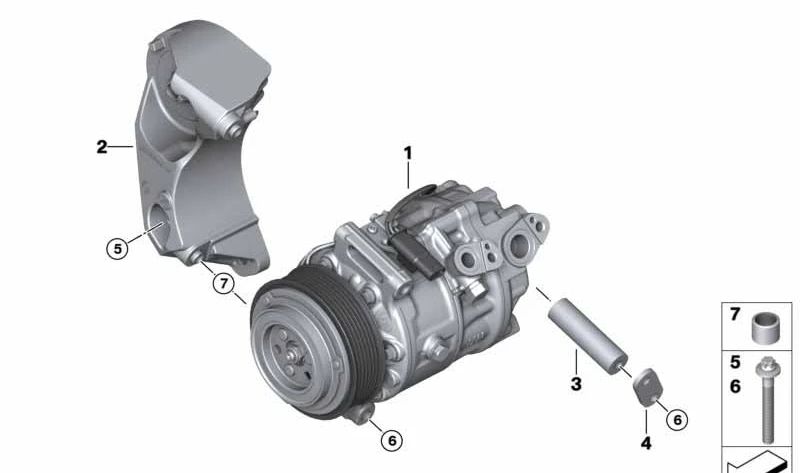 Compressore di aria condizionata con frizione magnetica OEM 64525A58A52 per BMW F90, G30, G31, G11, G12, G70, F91, F92, F93, G14, G15, G16, G05, F95, G06, F96, G07. BMW originale.