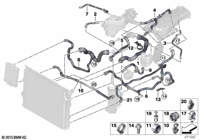 Tambuco di radiatore refrigerante per la BMW 1 F20N Serie, F21N Serie 2 F22, F22N, F23, F23N Series 3 F30n, F31N, F34N, F35N Series 4 F32, F32N, F33, F33N, F36, F36N (OEM 1712861659). BMW originale.