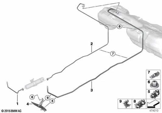 Tubo di alimentazione del carburante anteriore per BMW F20N, F21N, F22, F23, F30, F31, F34, F32, F33, F36 (OEM 16127336281). BMW originale