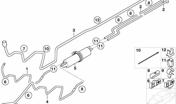 Tubería de combustible trasera larga OEM 16127177209 para BMW E66. Original BMW.