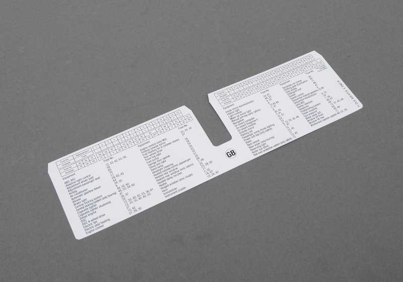 Etiqueta para equipo de fusibles delantero OEM 71236929377 para BMW Serie 3 E46, modelos 316i, 318i. Original BMW.