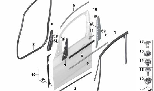 Embellecedor exterior OEM 51338498415 para puerta delantera izquierda BMW F45, F45N, F46, F46N. Original BMW.