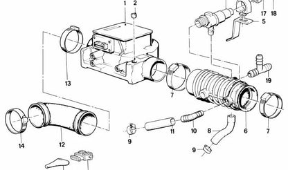 Caudalímetro / Medidor de aire OEM 13621272101 para BMW E28, E24 y E23. Compatible con modelos como 525i, 528i, 628CSi, 735i, entre otros. Pieza original BMW.