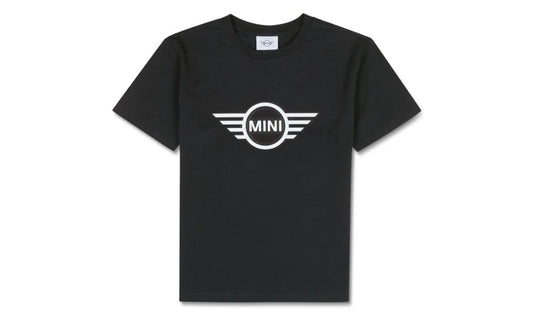 Camiseta negra con logo en relieve OEM 80145B32008 para MINI {F55, F56, F57, F60, R56, R57, R60, R61}. Estilo casual, cuello redondo, algodón 100%. Original MINI.