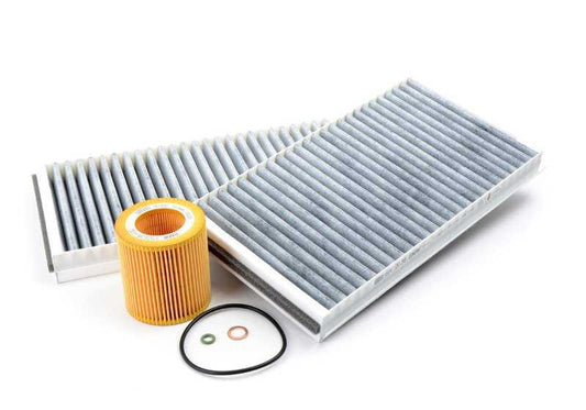 Kit de inspección completo OEM 88002334980 para BMW E60 523i/523Li (variante N52 y N52K, manual y automático). Incluye filtro de aceite y 2 filtros de habitáculo. Original BMW.