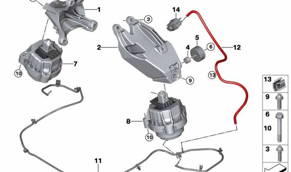 Soporte de motor izquierdo OEM 22119488283 para BMW G20, G21, G23. Original BMW.
