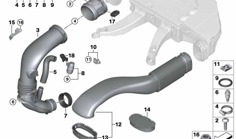 Pure Air Pipe Support for BMW 3 Series E90, E91, E92, 5 Series E60N, E61N, 6 Series E63N, E64N, X3 E83N, X5 E70, X6 E71 (OEM 13717807266). Genuine BMW