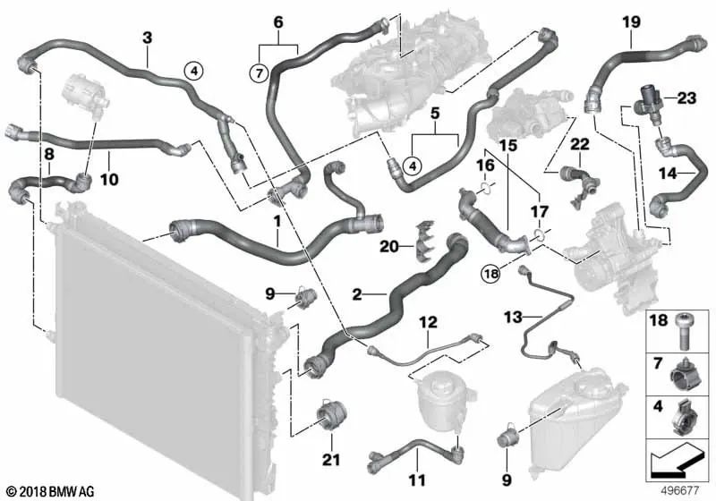 Surge tank pipe - cylinder head for BMW G30, G31, G38N 6 Series G32 7 Series G11N, G12N 8 Series G14, G15, G16 (OEM 17128678509). Original BMW.