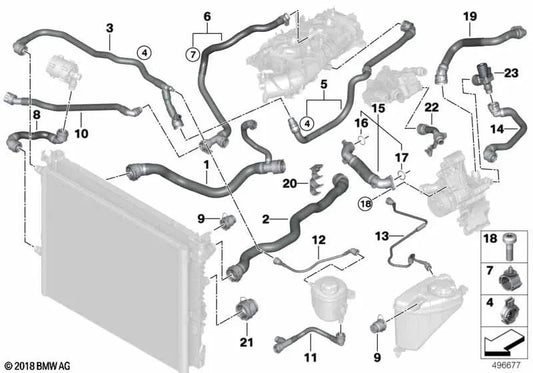 Surge tank pipe - cylinder head for BMW G30, G31, G38N 6 Series G32 7 Series G11N, G12N 8 Series G14, G15, G16 (OEM 17128678509). Original BMW.
