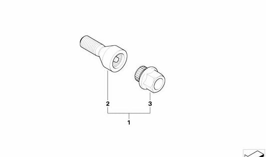Wheel screw with OEM code 36136786483 for BMW E81, E82, E87, E88, E46, E90, E91, E92, E93, E60, E61, E63, E64, E85, E86 and Mini R50, R52, R53. Original BMW and Mini.
